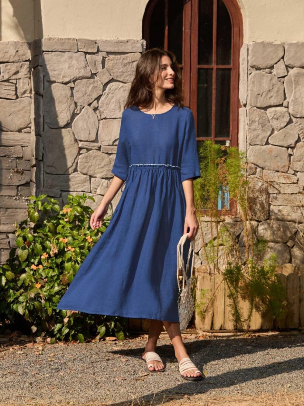Linetico 100% Linen Petal-Waist Drawstring Midi Dress JASMINE